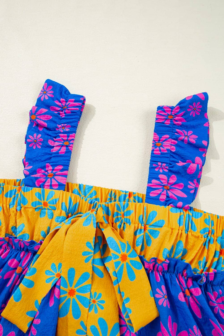 Blue Floral Colorblock Flutter Straps Flowy Tank Top