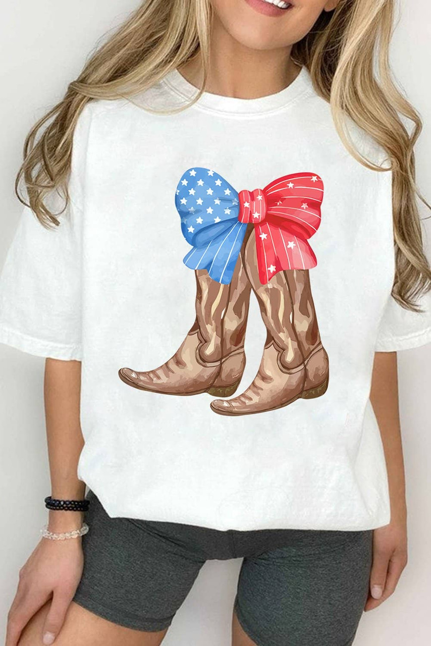 White Patriotic Bow Cowgirl Boots Printed Cotton Blend T Shirt White Patriotic Bow Cowgirl Boots Printed Cotton Blend T Shirt