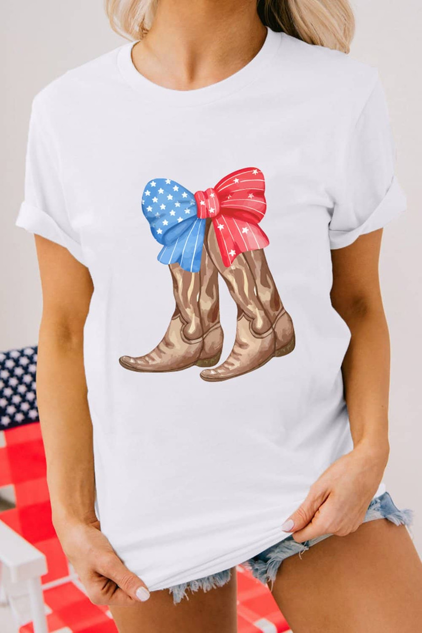 White Patriotic Bow Cowgirl Boots Printed Cotton Blend T Shirt White Patriotic Bow Cowgirl Boots Printed Cotton Blend T Shirt