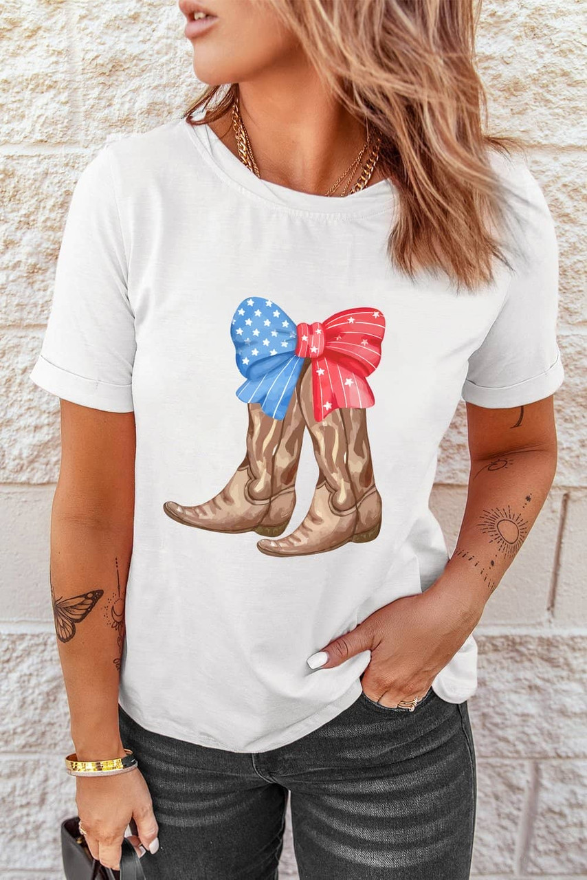 White Patriotic Bow Cowgirl Boots Printed Cotton Blend T Shirt White Patriotic Bow Cowgirl Boots Printed Cotton Blend T Shirt