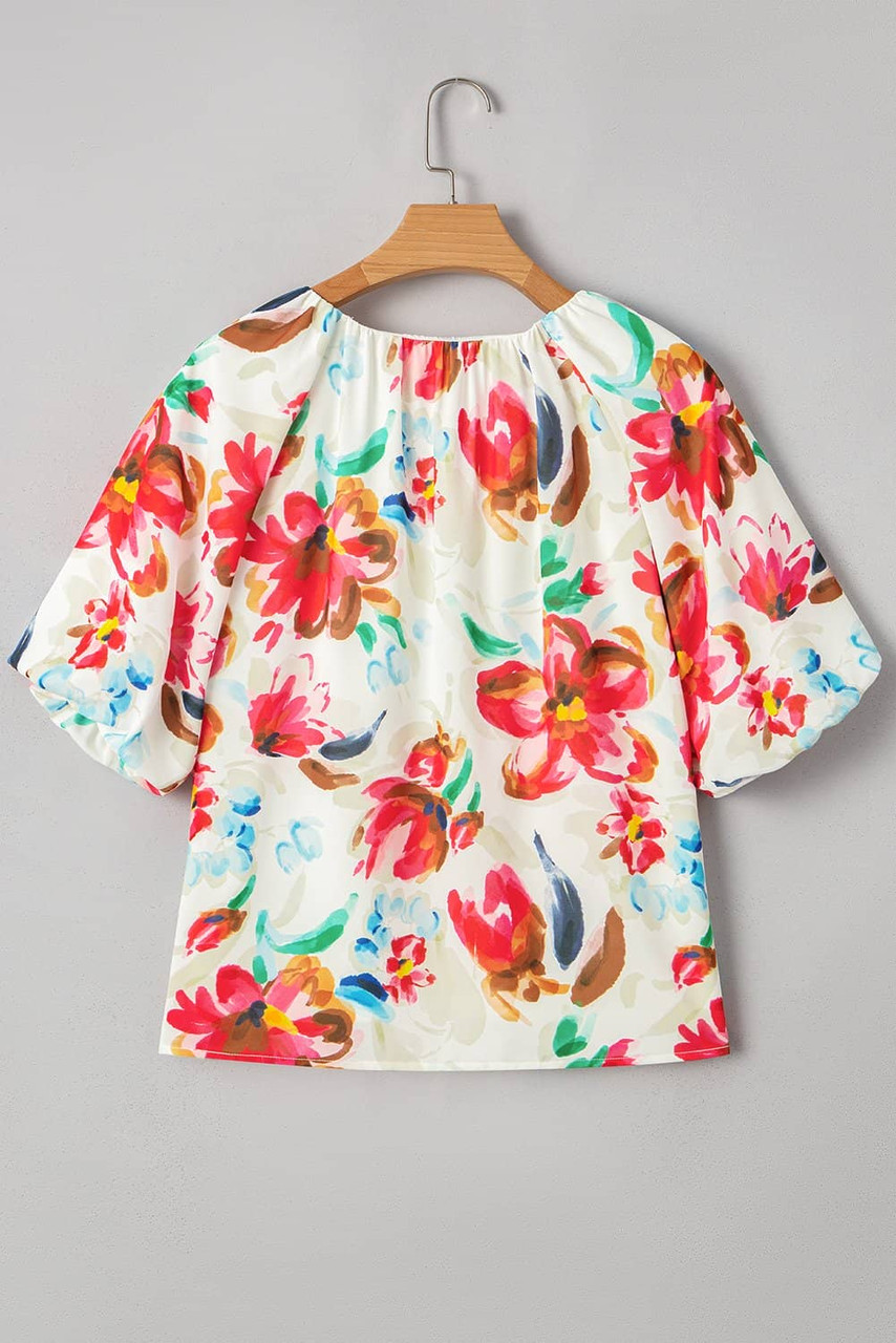 White Floral Print Puffy Half Sleeve Blouse