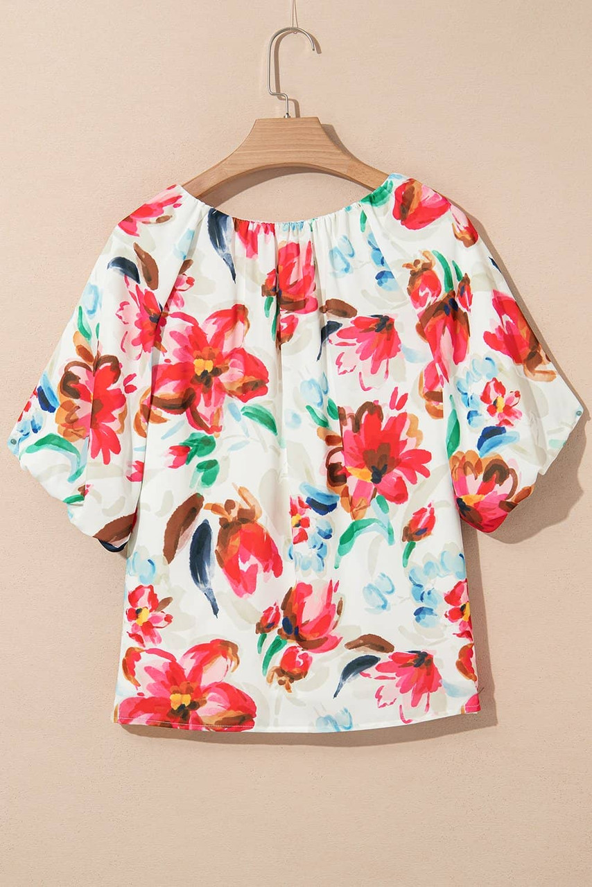 White Floral Print Puffy Half Sleeve Blouse