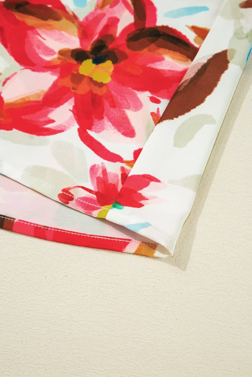 White Floral Print Puffy Half Sleeve Blouse