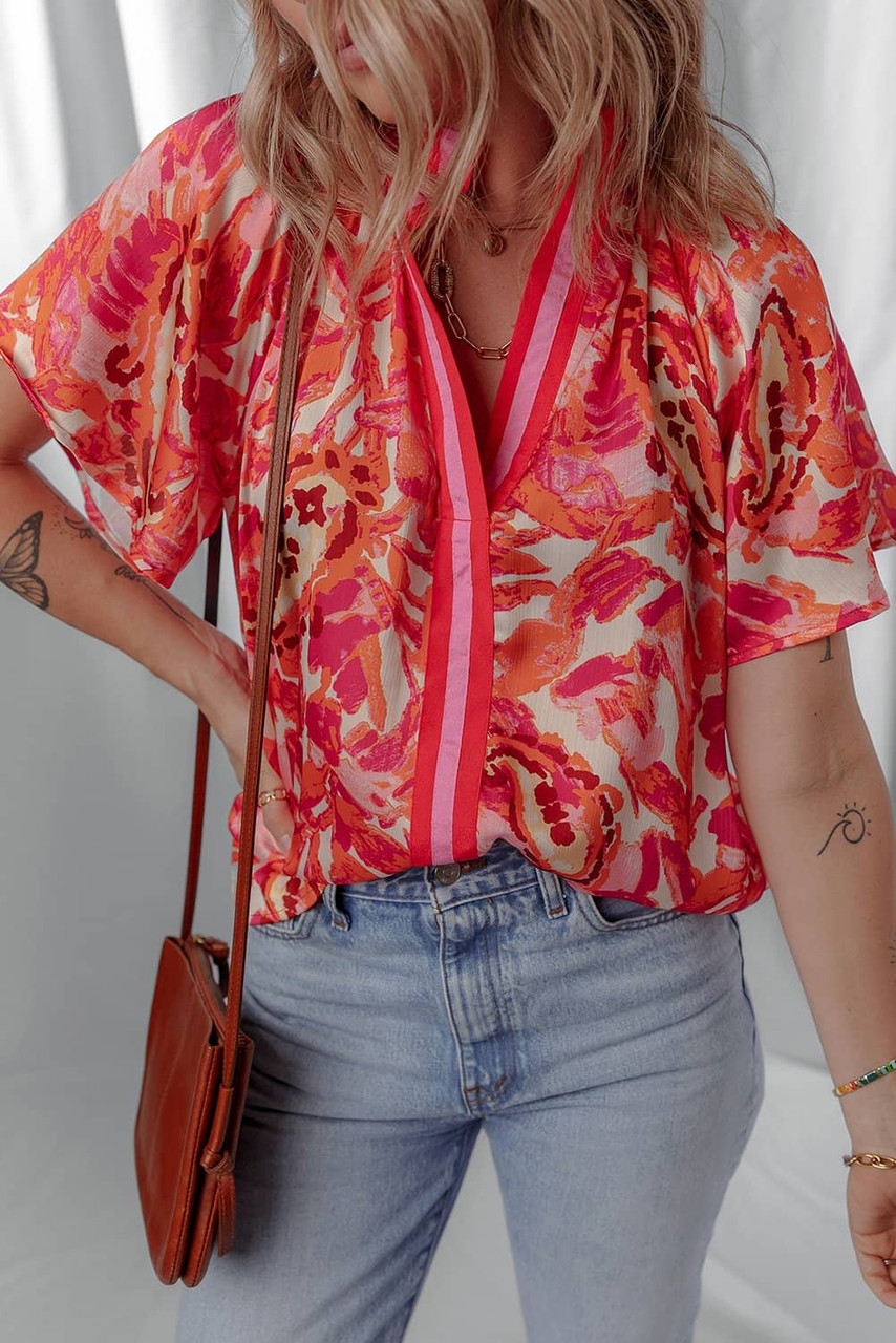 Rose Abstract Print Striped Trim Split Neck Blouse