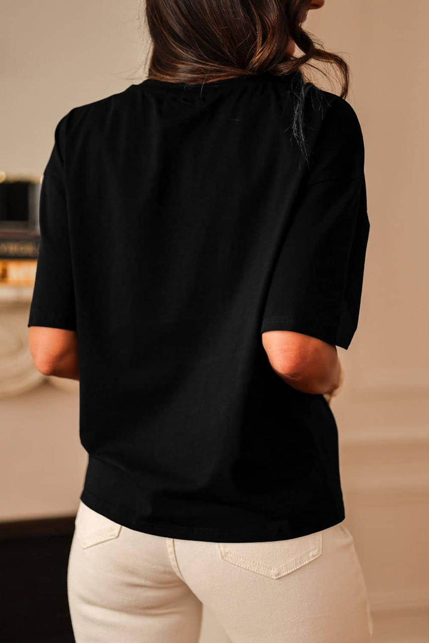 Black Contrast Crochet Floral Graphic Drop Shoulder Loose Tee