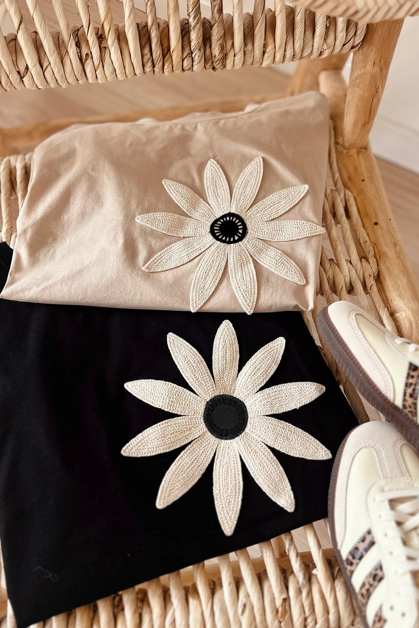 Black Contrast Crochet Floral Graphic Drop Shoulder Loose Tee