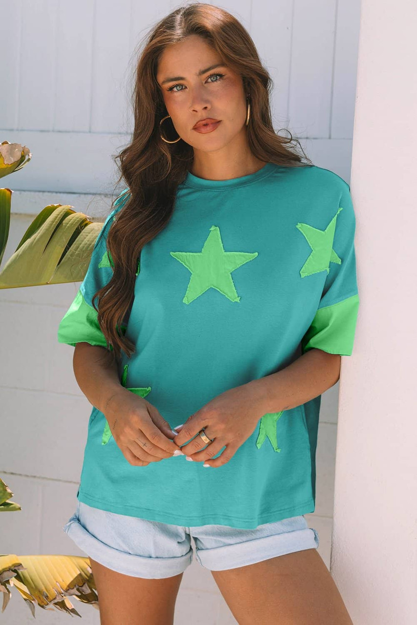 Aruba Blue Frayed Denim Star Patched Oversize T Shirt