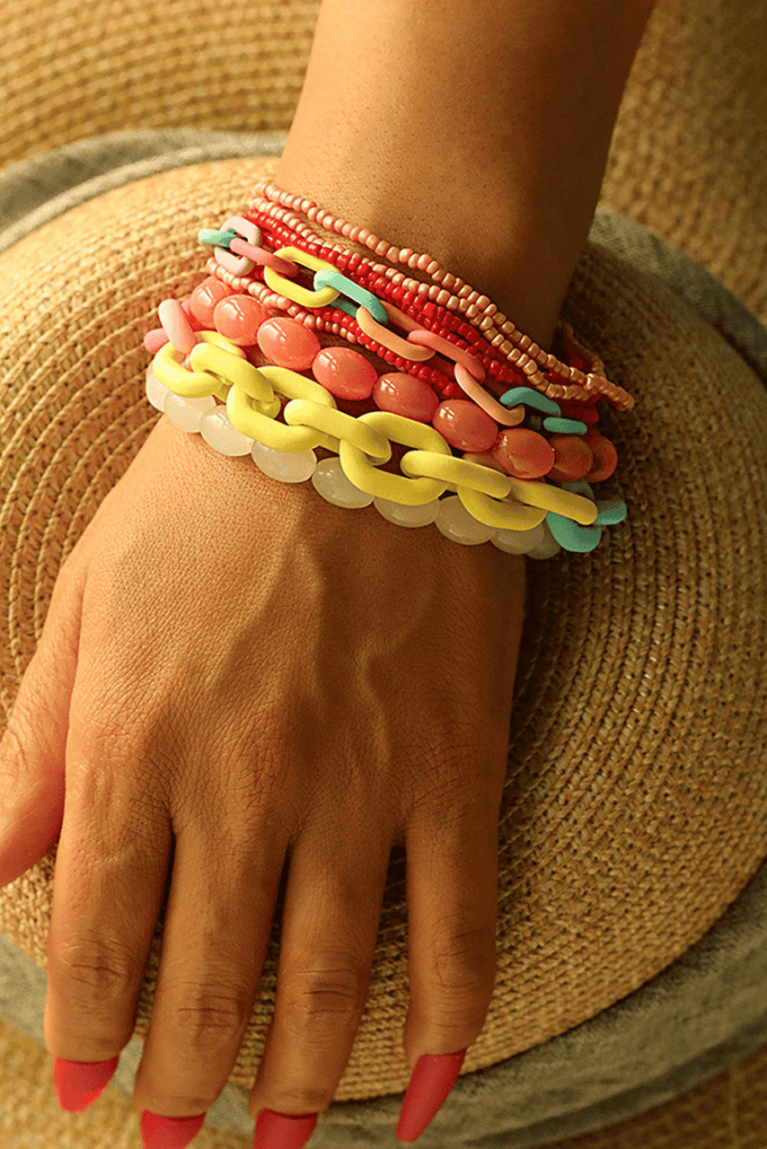 Pink Colorful Beaded Chain Link Layered Bracelet Set Pink Colorful Beaded Chain Link Layered Bracelet Set
