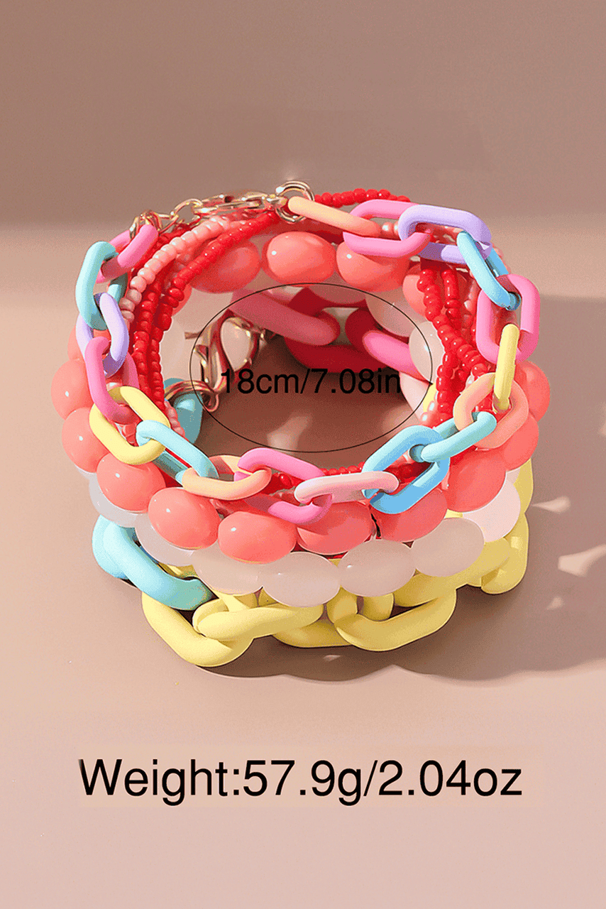 Pink Colorful Beaded Chain Link Layered Bracelet Set Pink Colorful Beaded Chain Link Layered Bracelet Set
