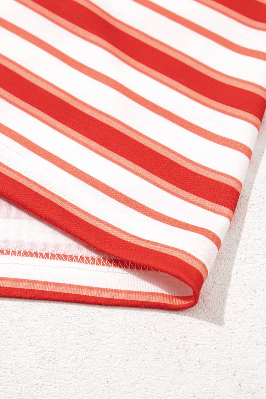 Tomato Red Stripe Print Contrast Collar Raglan Sleeve T Shirt