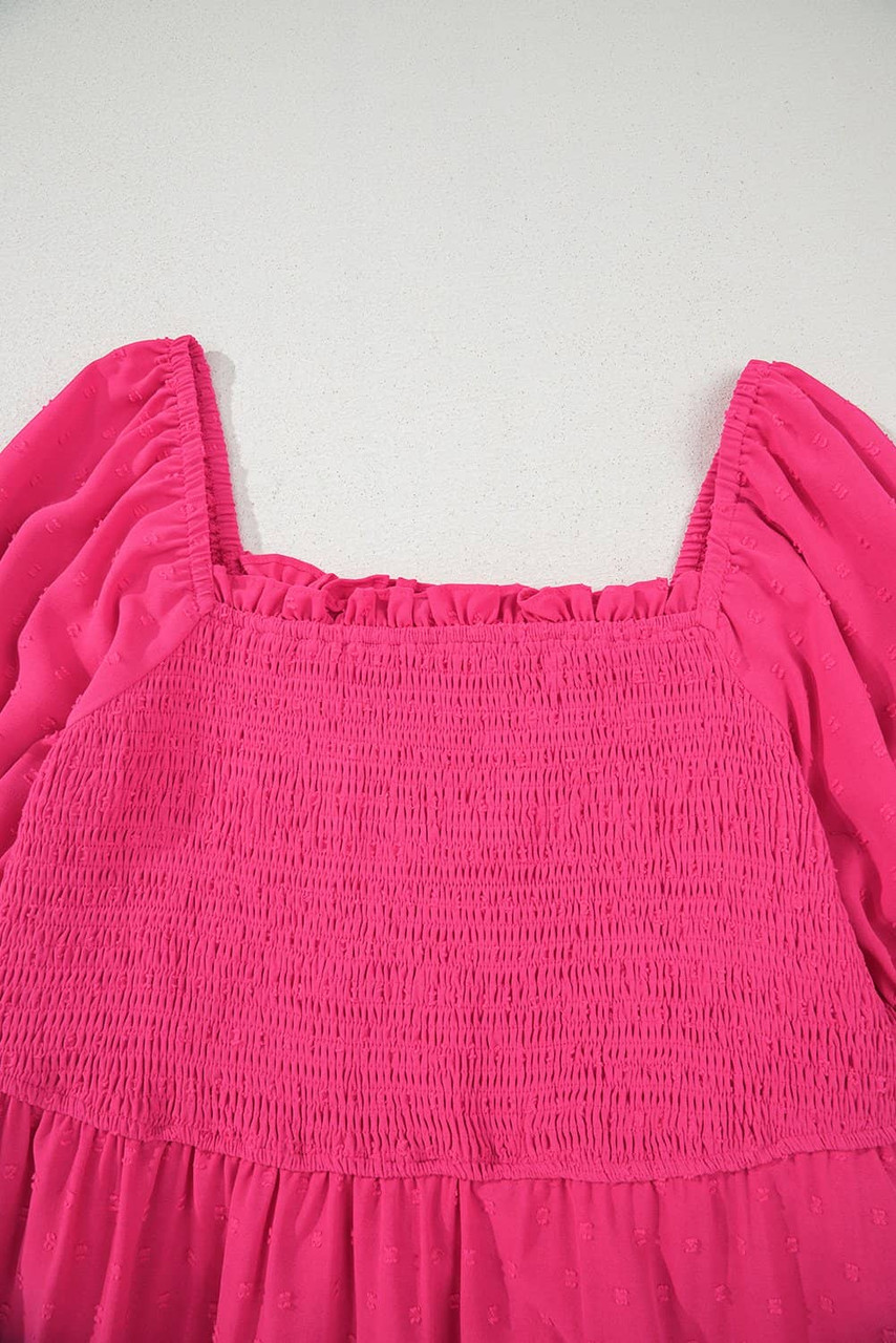 Sachet Pink Swiss Dot Smocked Frilled Neckline Short Sleeve Plus Size Dress