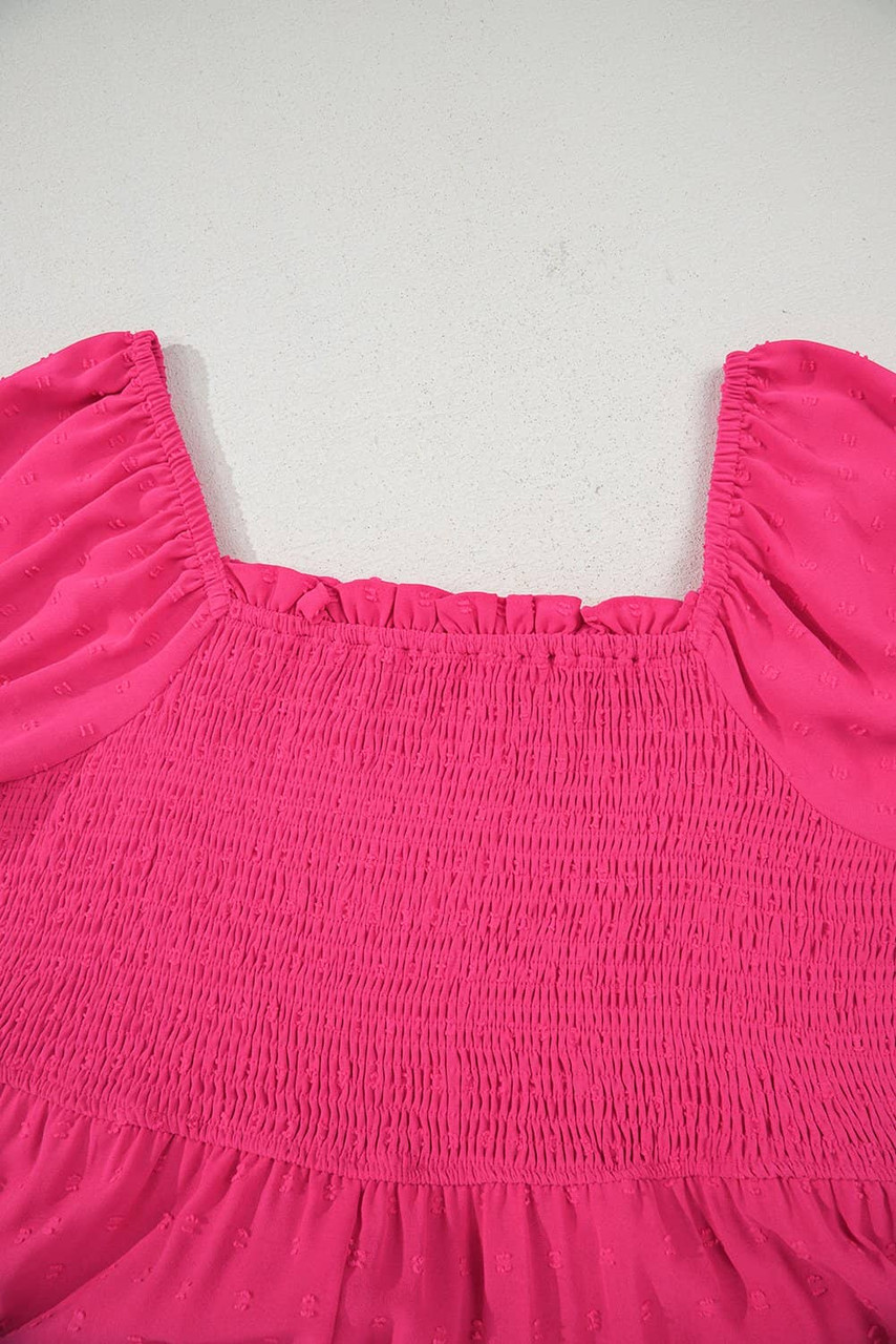 Sachet Pink Swiss Dot Smocked Frilled Neckline Short Sleeve Plus Size Dress