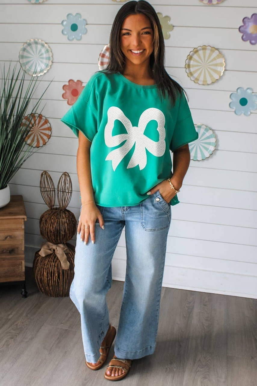 Sea Green Lace Bow Raw Edge Drop Shoulder Casual T Shirt Sea Green Lace Bow Raw Edge Drop Shoulder Casual T Shirt