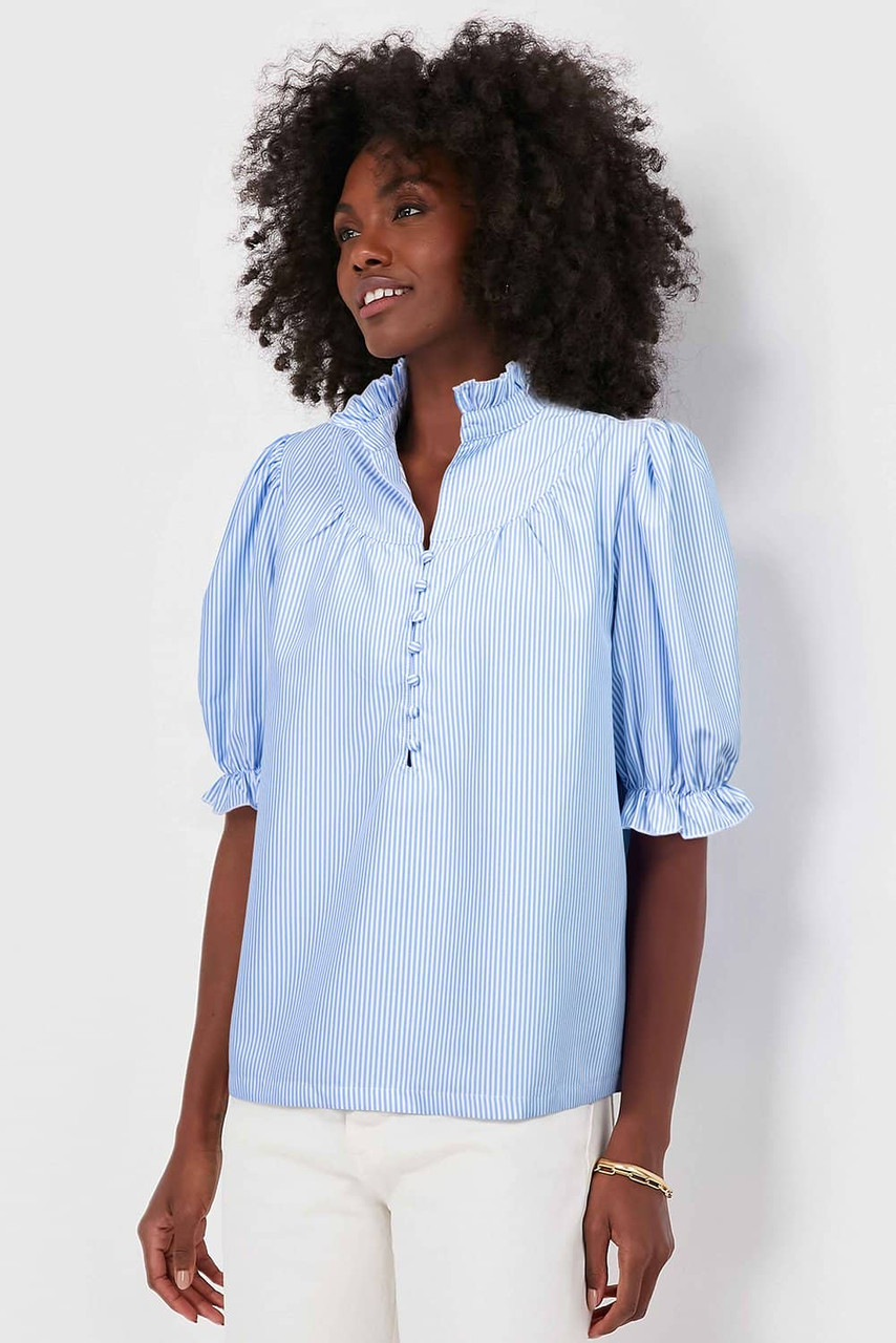 Sky Blue Stripe Ruffled Collar Puff Sleeve Half Buttons Blouse