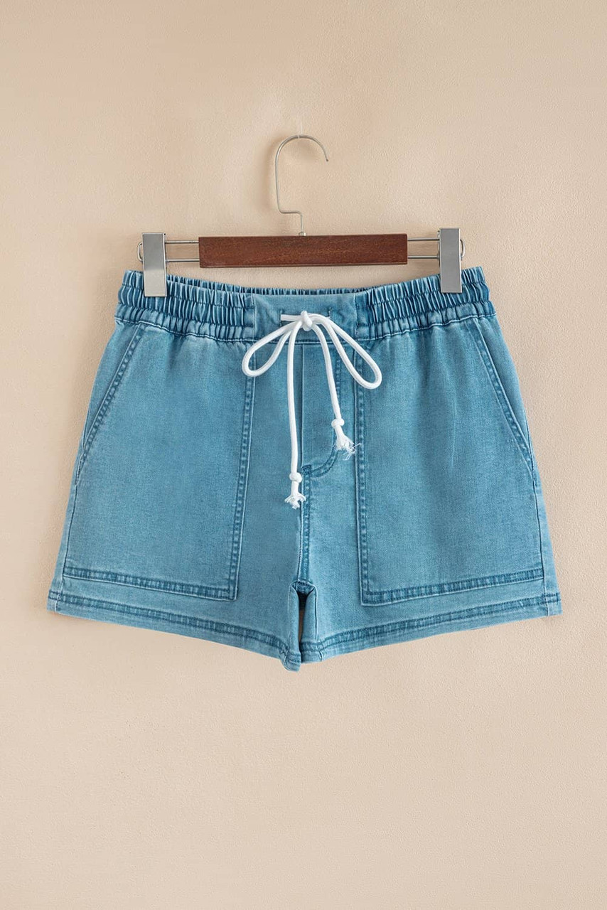 Beau Blue Contrast Drawstring Elastic Waist Denim Shorts