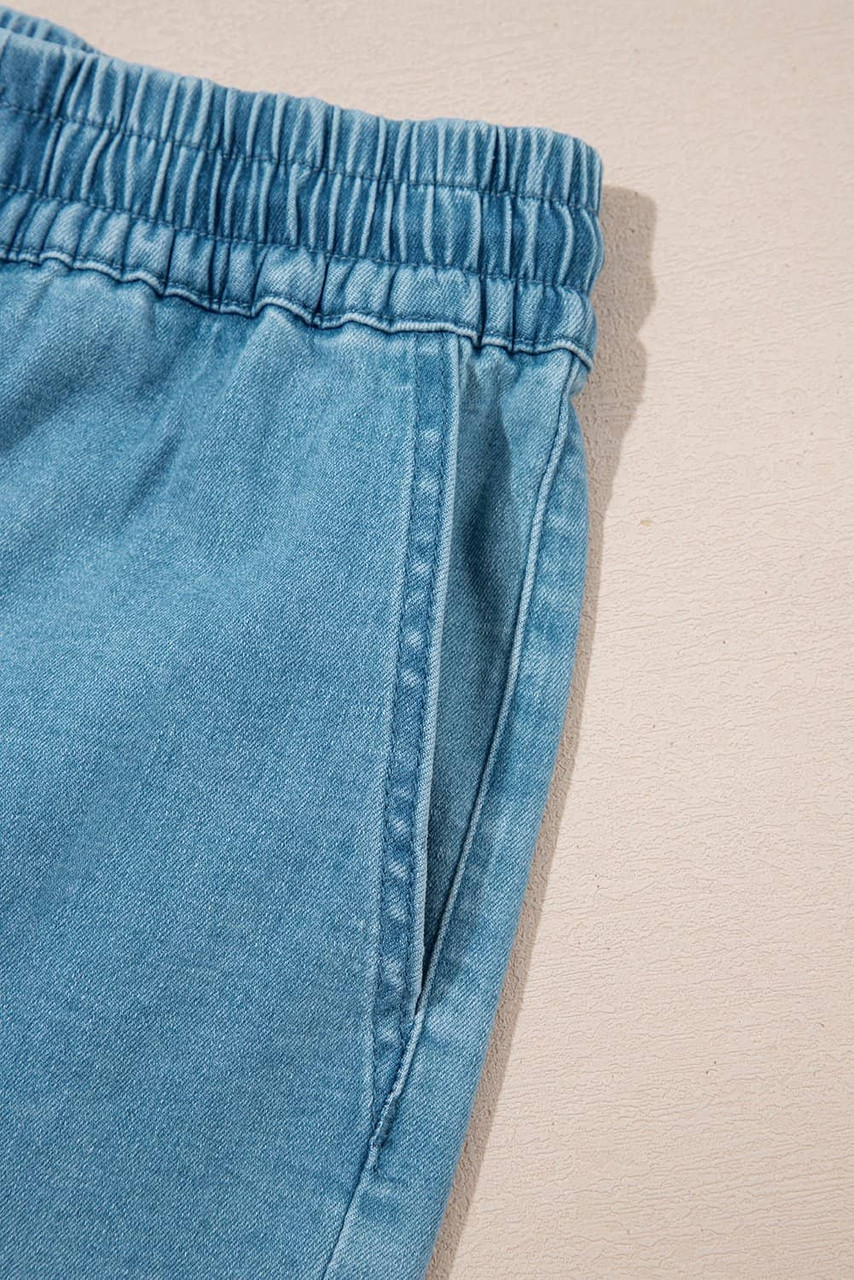 Beau Blue Contrast Drawstring Elastic Waist Denim Shorts