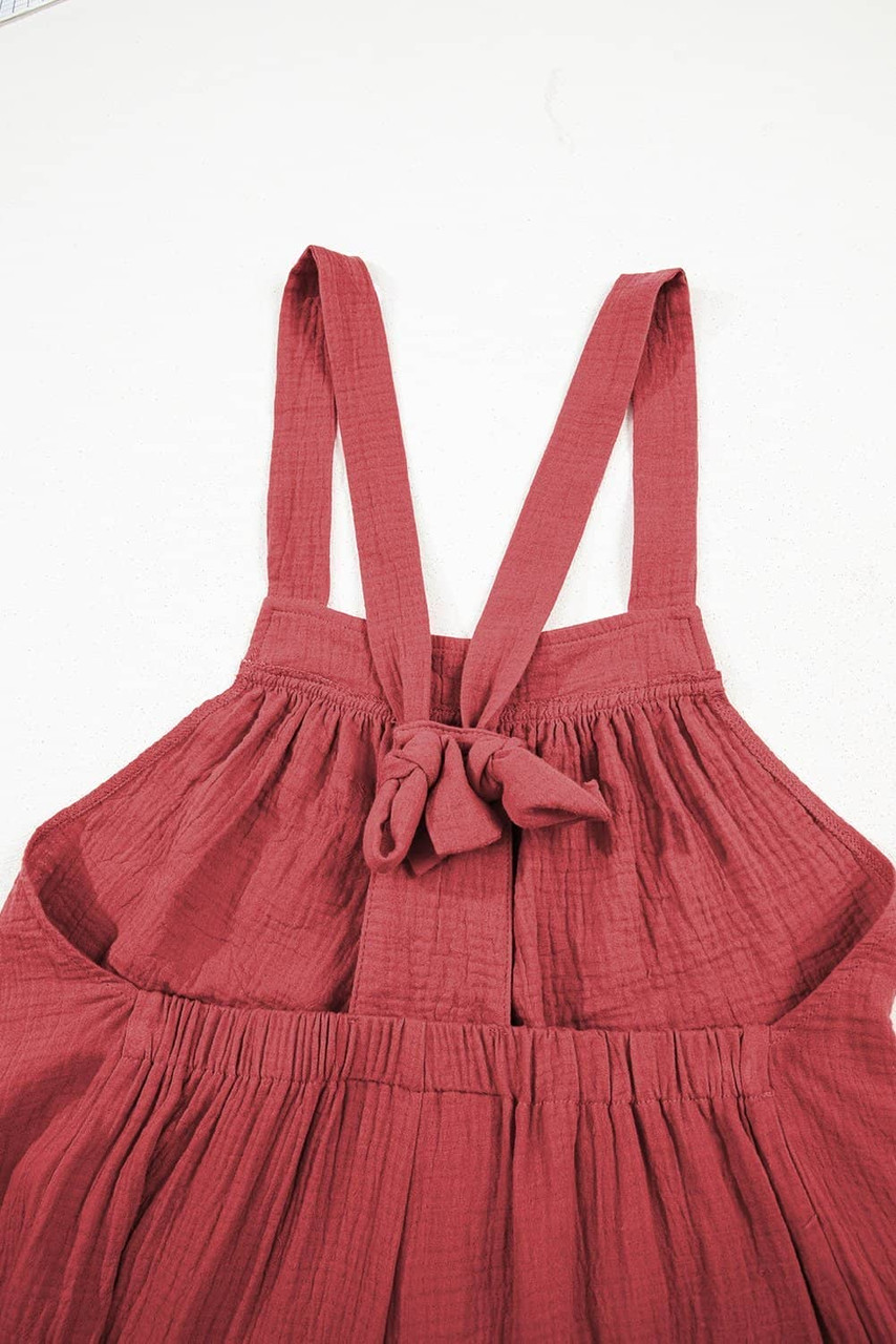 Red Clay Knotted Back Strap Cotton Bib Jumpsuit Red Clay Knotted Back Strap Cotton Bib Jumpsuit
