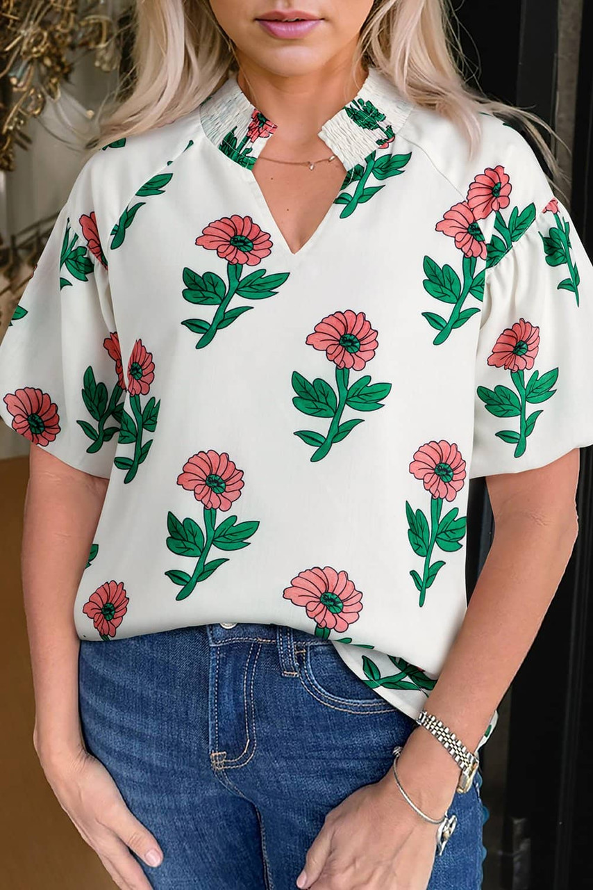 Beige Floral Print Shirred Split Neck Short Sleeve Blouse Beige Floral Print Shirred Split Neck Short Sleeve Blouse