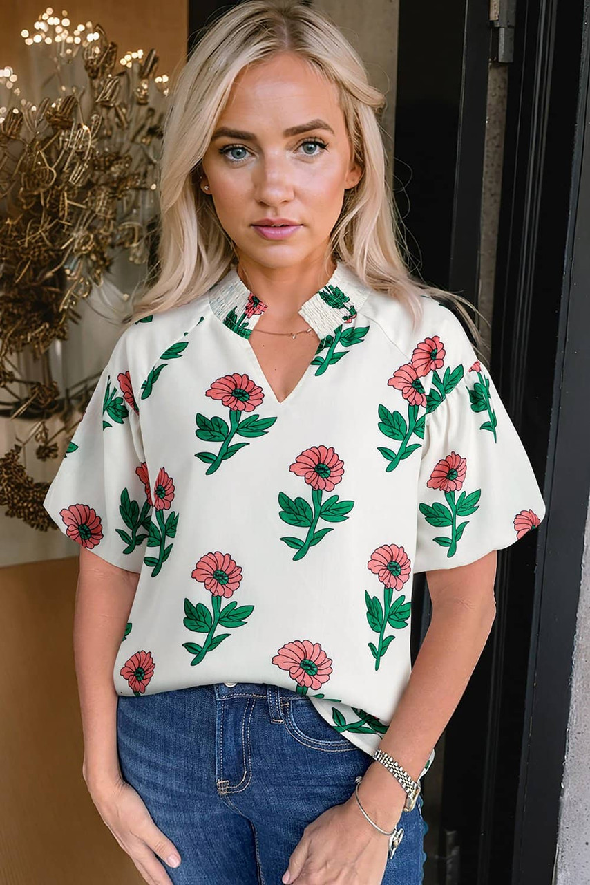 Beige Floral Print Shirred Split Neck Short Sleeve Blouse Beige Floral Print Shirred Split Neck Short Sleeve Blouse