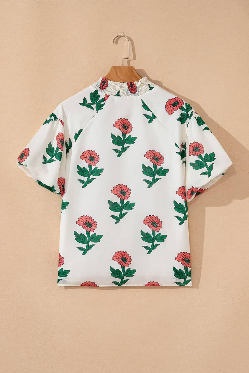 Beige Floral Print Shirred Split Neck Short Sleeve Blouse Beige Floral Print Shirred Split Neck Short Sleeve Blouse
