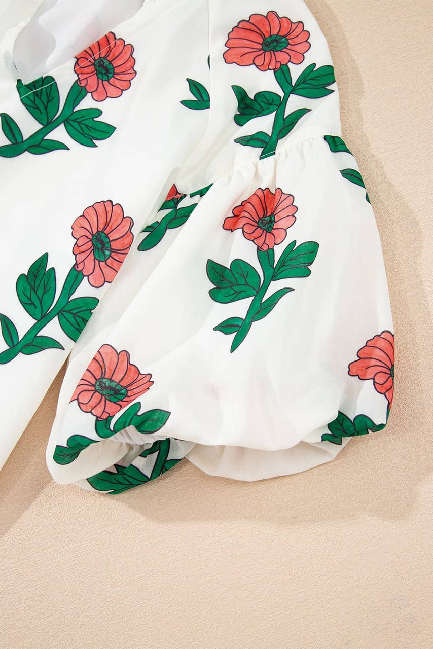 Beige Floral Print Shirred Split Neck Short Sleeve Blouse Beige Floral Print Shirred Split Neck Short Sleeve Blouse