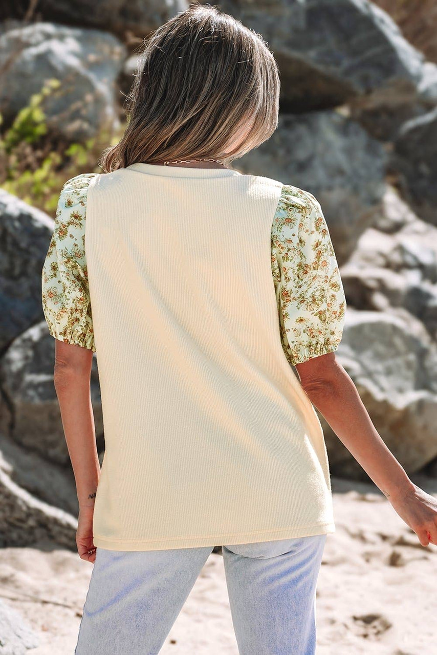 Beige Contrast Floral Bubble Sleeve Patchwork Ribbed Top