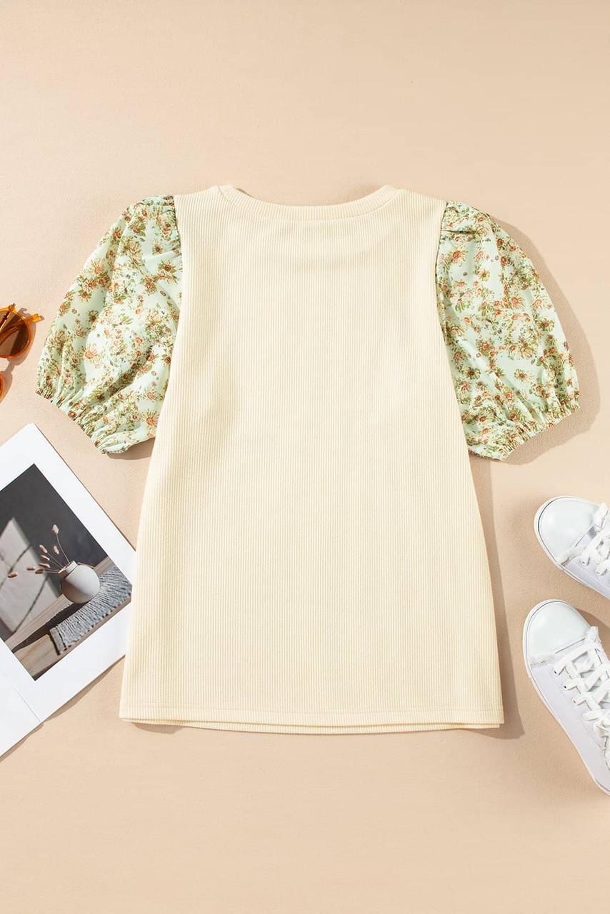 Beige Contrast Floral Bubble Sleeve Patchwork Ribbed Top