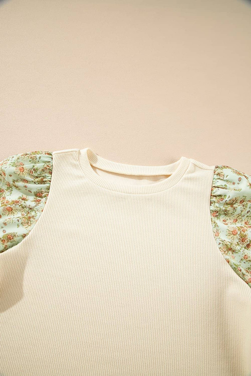Beige Contrast Floral Bubble Sleeve Patchwork Ribbed Top