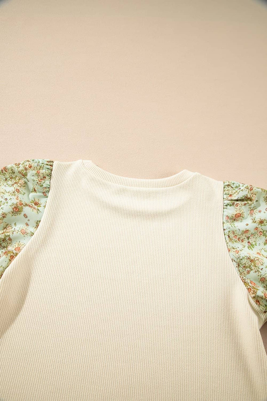 Beige Contrast Floral Bubble Sleeve Patchwork Ribbed Top