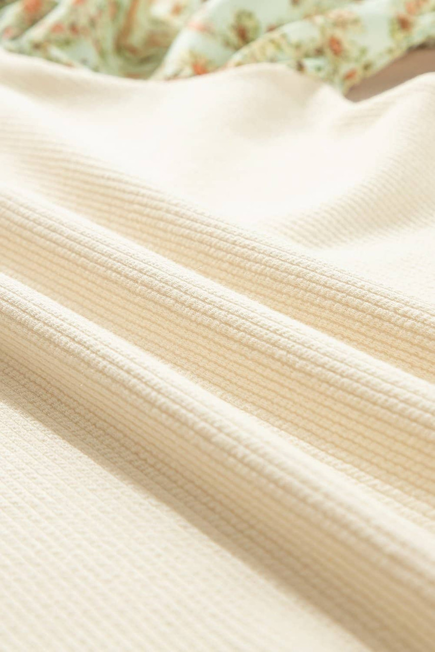 Beige Contrast Floral Bubble Sleeve Patchwork Ribbed Top