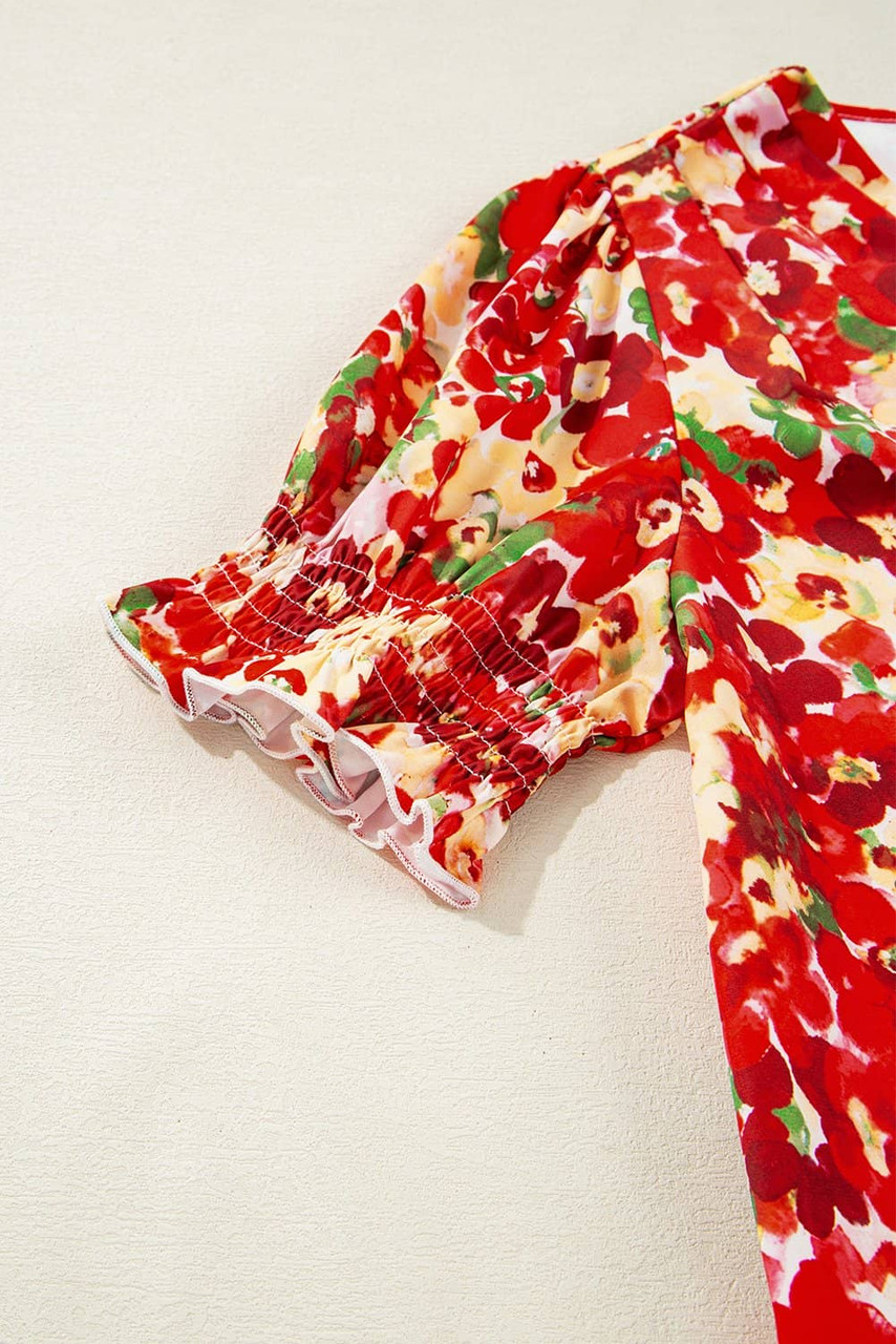 Red Floral Bubble Sleeve Pleated V Neck Wrap Blouse
