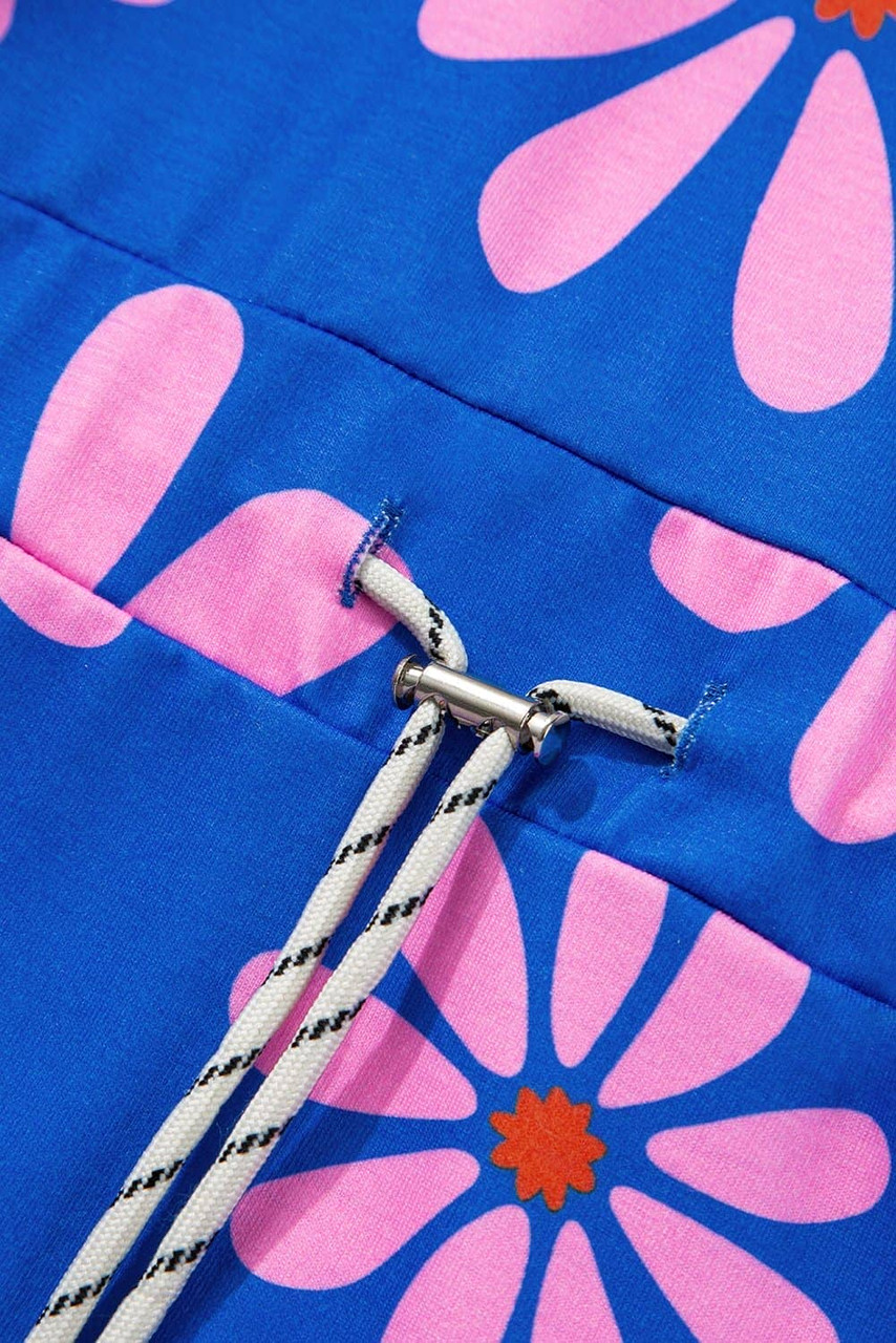 Purple Floral Striped Quarter Zip Cap Sleeve Drawstring Waist Mini Dress