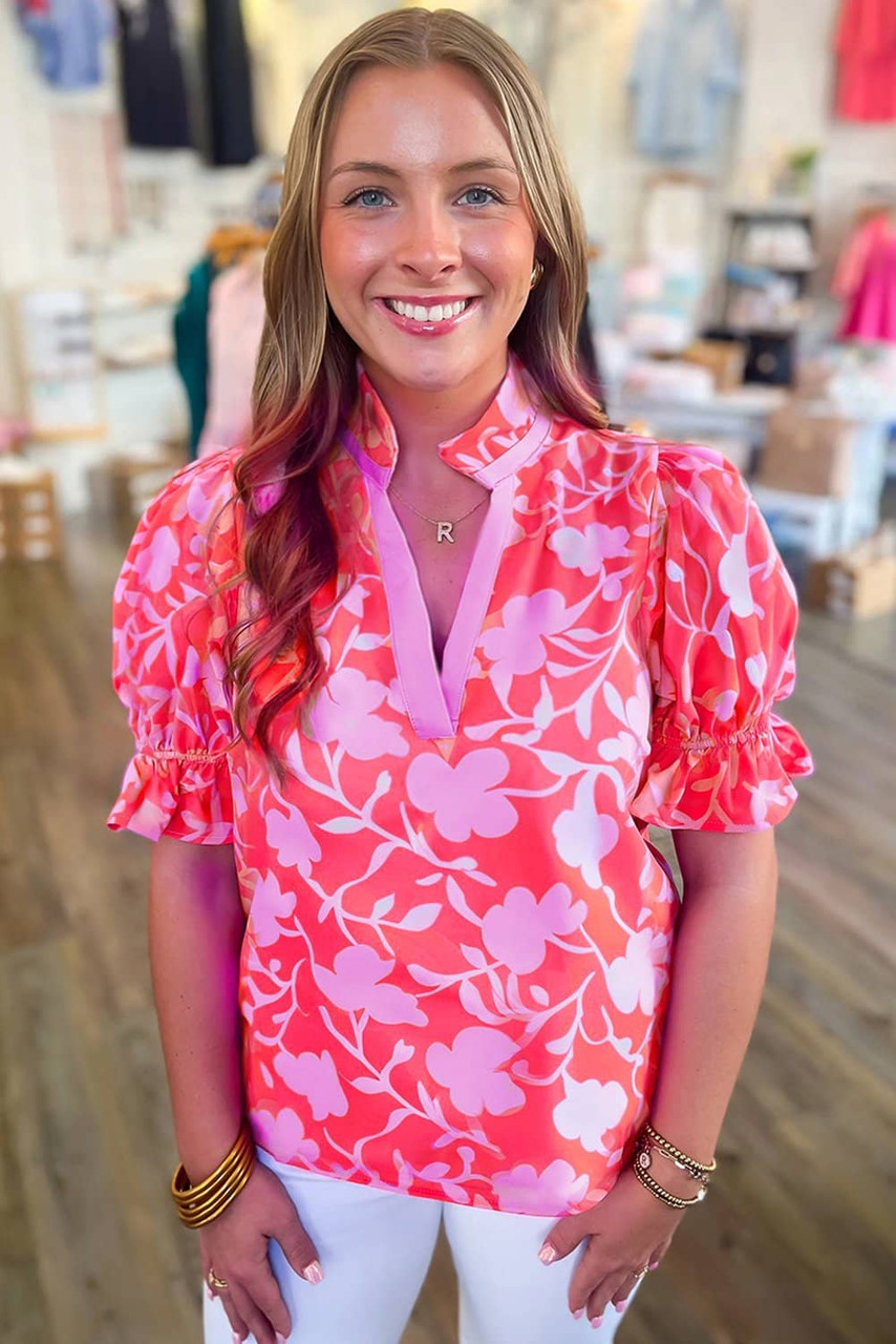 Red Floral Split V Neck Ruffled Short Sleeve Blouse Top