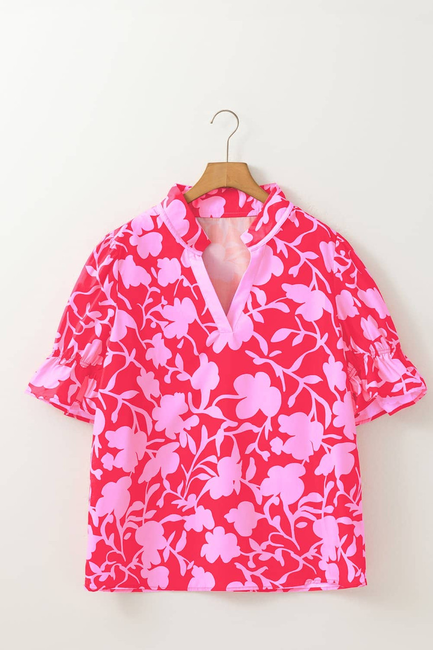 Red Floral Split V Neck Ruffled Short Sleeve Blouse Top