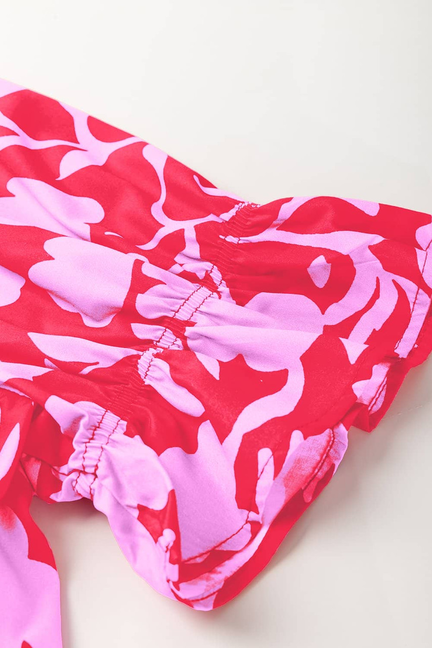 Red Floral Split V Neck Ruffled Short Sleeve Blouse Top