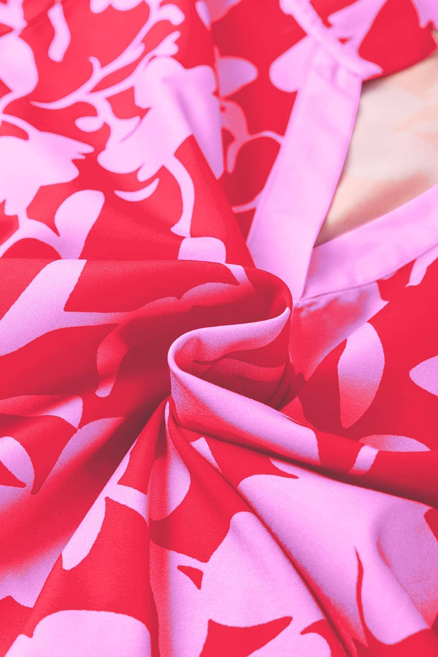 Red Floral Split V Neck Ruffled Short Sleeve Blouse Top