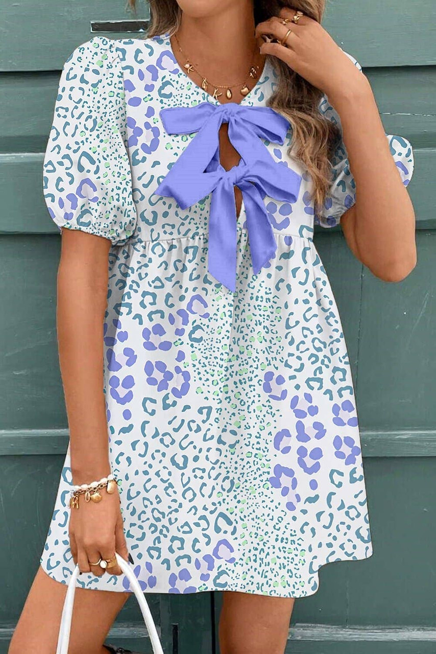 Sky Blue Leopard Contrast Bow Puff Sleeve Mini Dress