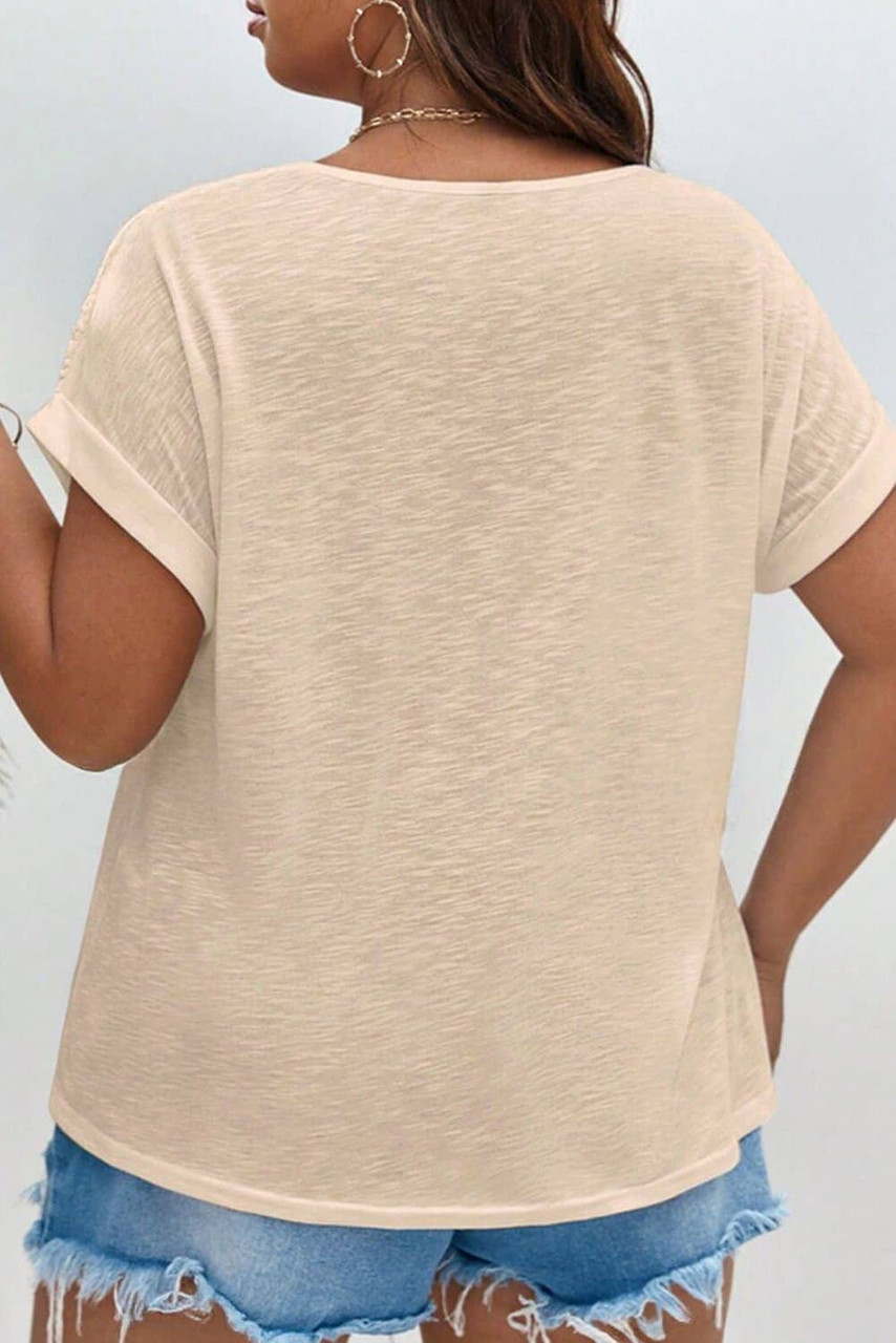 Parchment Lace Patchwork Short Sleeve Round Neck Plus Size Summer Top