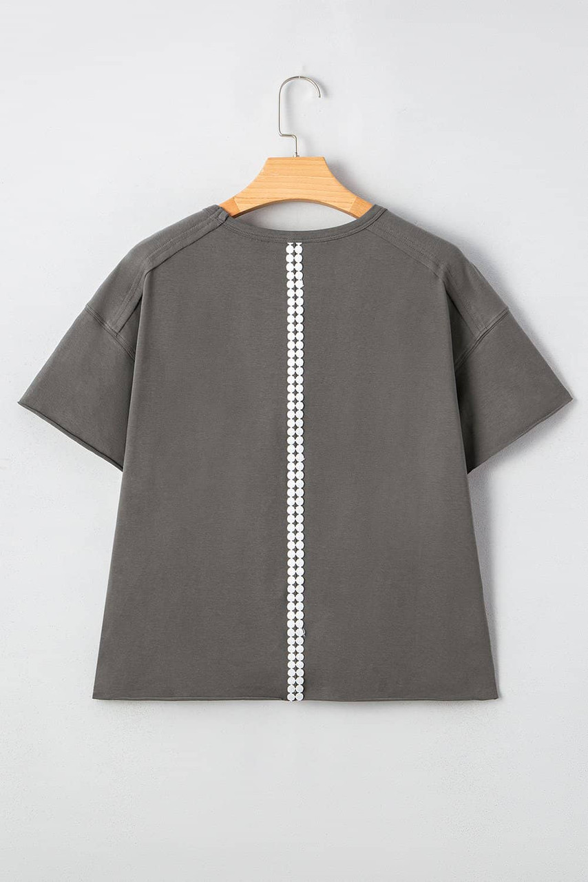 Medium Grey Lace Bow Raw Edge Drop Shoulder Casual T Shirt Medium Grey Lace Bow Raw Edge Drop Shoulder Casual T Shirt
