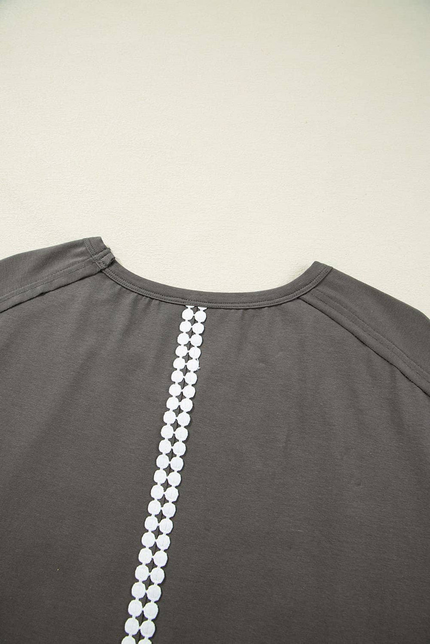 Medium Grey Lace Bow Raw Edge Drop Shoulder Casual T Shirt Medium Grey Lace Bow Raw Edge Drop Shoulder Casual T Shirt