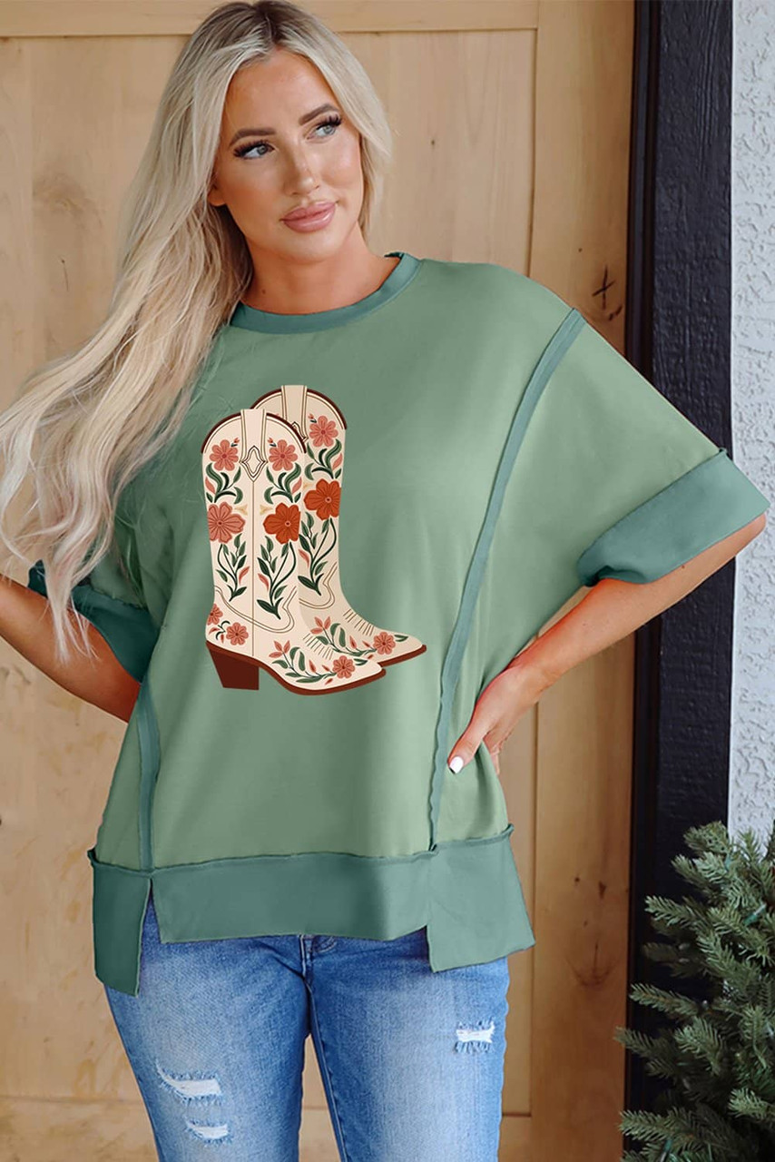 Smoke Green Floral Boots Printed Raw Seam Mix Texture Patchwork Tee