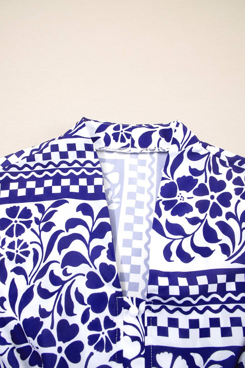 Dirty blue Shirred Waist V Neck Sleeveless Floral Print Midi Dress