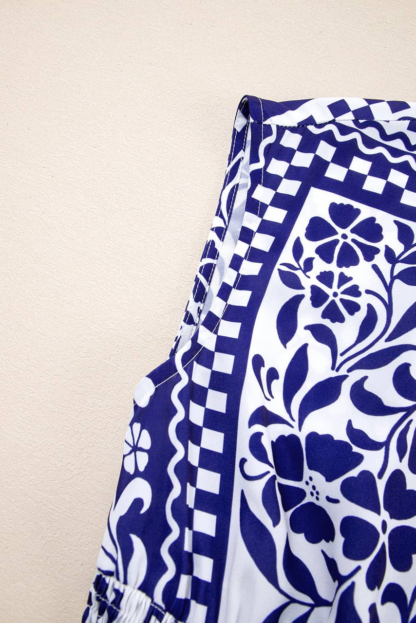 Dirty blue Shirred Waist V Neck Sleeveless Floral Print Midi Dress