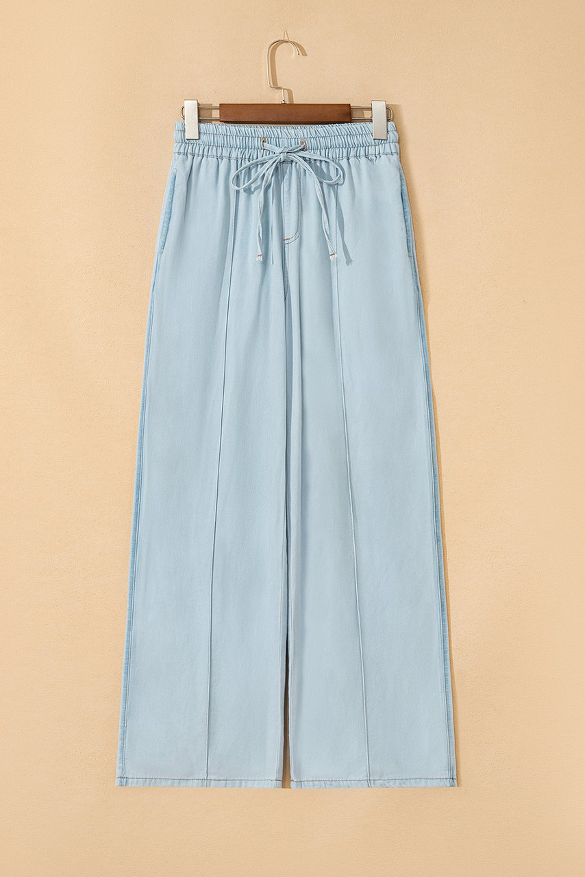 Beau Blue Light Wash Contrast Trim Center Seam Drawstring High Waist Wide Leg Denim Pants