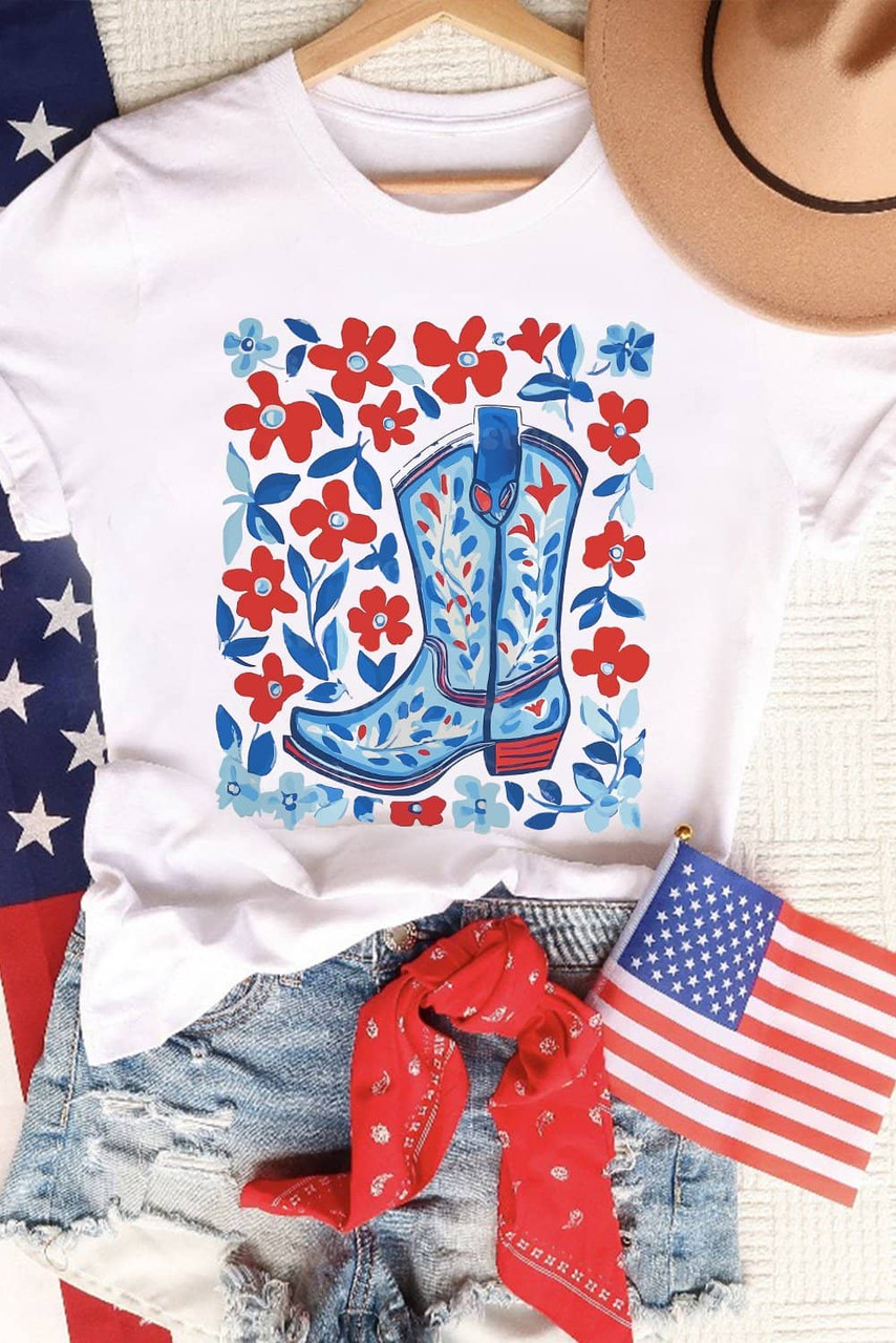 White Floral Western Boots Printed Cotton Blend T Shirt White Floral Western Boots Printed Cotton Blend T Shirt