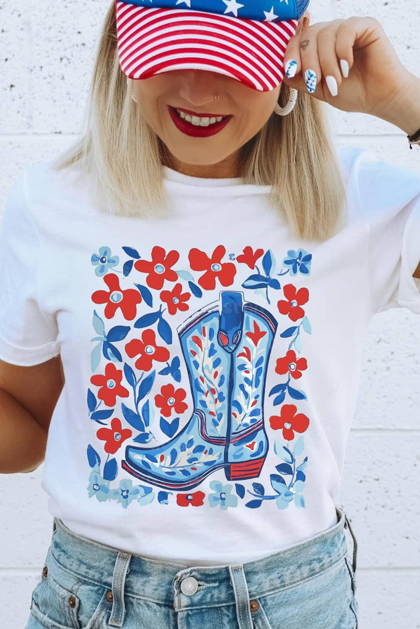 White Floral Western Boots Printed Cotton Blend T Shirt White Floral Western Boots Printed Cotton Blend T Shirt