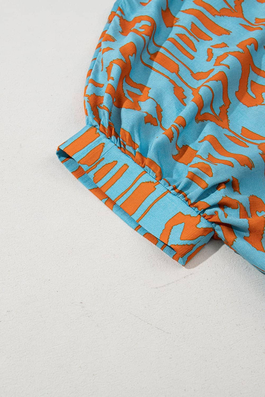 Sky Blue Abstract Print Dolman Short Sleeve Western Loose Shirt