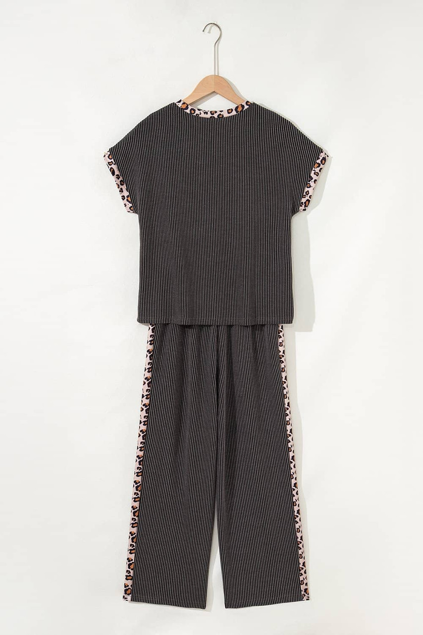 Carbon Grey Leopard Patchwork Edge Twisted Rib T Shirt and Cropped Pants Set Carbon Grey Leopard Patchwork Edge Twisted Rib T Shirt and Cropped Pants Set