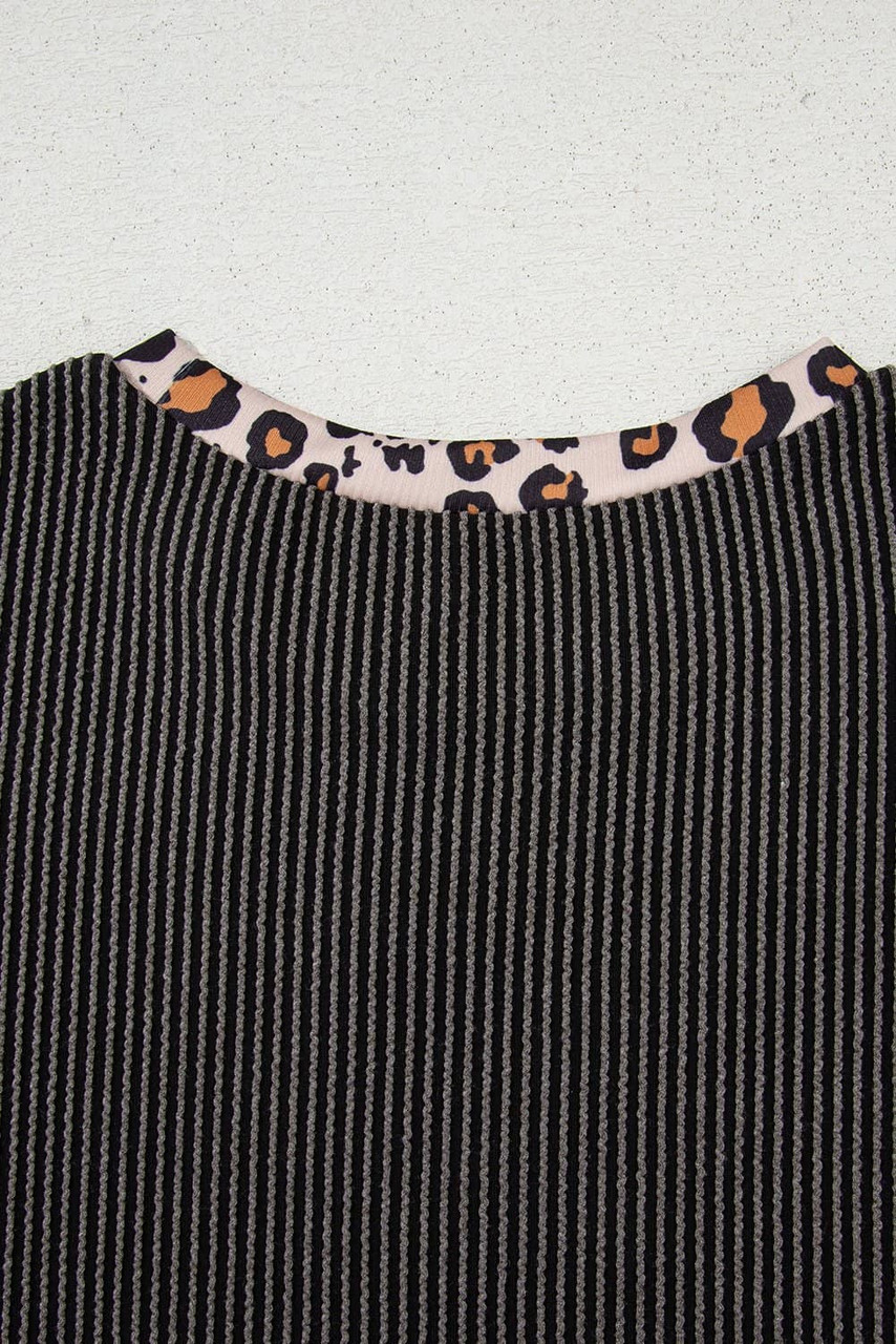 Carbon Grey Leopard Patchwork Edge Twisted Rib T Shirt and Cropped Pants Set Carbon Grey Leopard Patchwork Edge Twisted Rib T Shirt and Cropped Pants Set