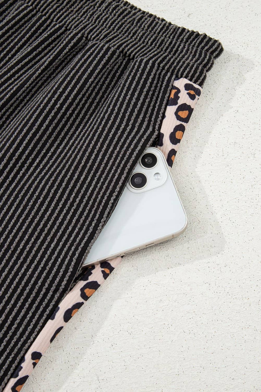 Carbon Grey Leopard Patchwork Edge Twisted Rib T Shirt and Cropped Pants Set Carbon Grey Leopard Patchwork Edge Twisted Rib T Shirt and Cropped Pants Set